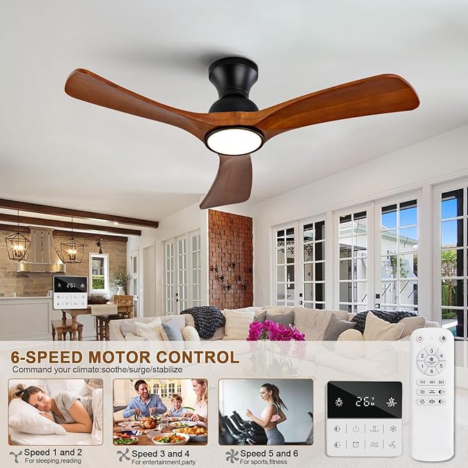 42 inch Flush Mount Ceiling Fans with Lights,Remote Control,Wall Switch,Solid Wood Blades,Dimmable,Reversible,Noiseless,Power Off Memory Low Profile Ceiling Fan for Bedroom Patio Indoor/Outdoor