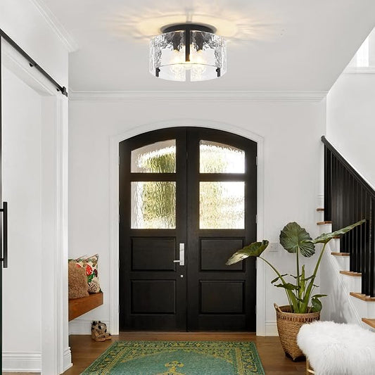 15'' Modern Black Semi Flush Mount Ceiling Light, Hallway Light Fixtures, 3-Light Glass Ceiling Lights for Entryway Kitchen Island Dining Room Foyer Bedroom Laundry Room Bathroom Lighting Fixtures