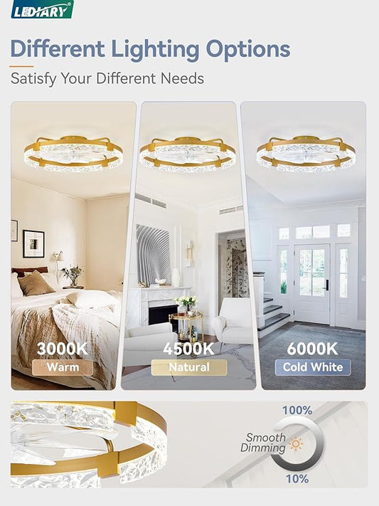 LEDIARY 2 Pack 24 Inch Low Profile Ceiling Fans with Lights and Remote, Fandelier Modern Ceiling Fan, 3000K-6000K Dimmable LED Fan Light, Gold Flush Mount Ceiling Fans with Lights for Bedroom