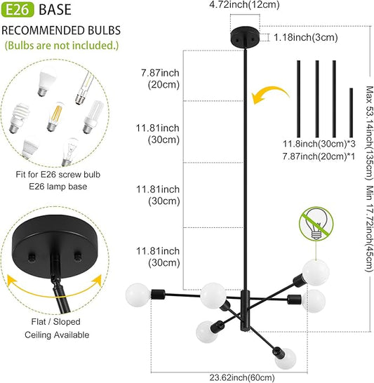 Sputnik Chandelier, Black Modern Industrial Chandeliers 6-Light, Mid Century Ceiling Lighting Fixture for Living Room, Kitchen, Bedroom, Dining Room, Farmhouse