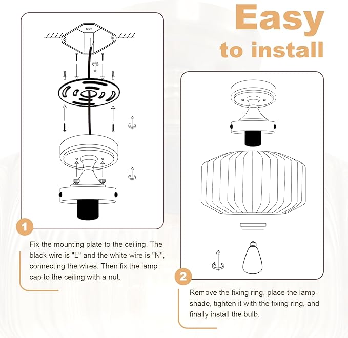 Mid Century Modern Flush Mount Light with Amber Striped Hand-Blown Glass Shade, 11.02" Gold Ceiling Fixture Farmhouse Close-to-Ceiling Lighting for Kitchen Dining Room Hallway