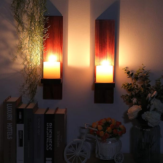 OwnMy Set of 2 Wooden Wall Candle Sconces Rustic Wall Mount Wooden Pillar Candle Sconces, Brown Farmhouse Wall Candle Sconce Vintage Hanging Candle Holders Decors for Living Room