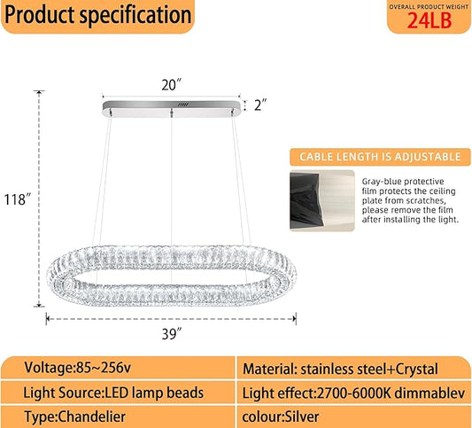 Crystal Ring Chandelier, 40'' Chrome Crystal Ring Pendant Light for Kitchen Island Modern Linear Oval Chandeliers for Dining Room Dimmable 3000K-6000K