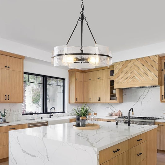 Black 22" Farmhouse Glass Chandelier - Modern Round Foyer Lighting Fixture for Dining Room, Kitchen Island, Bedroom, Living Room, Entryway