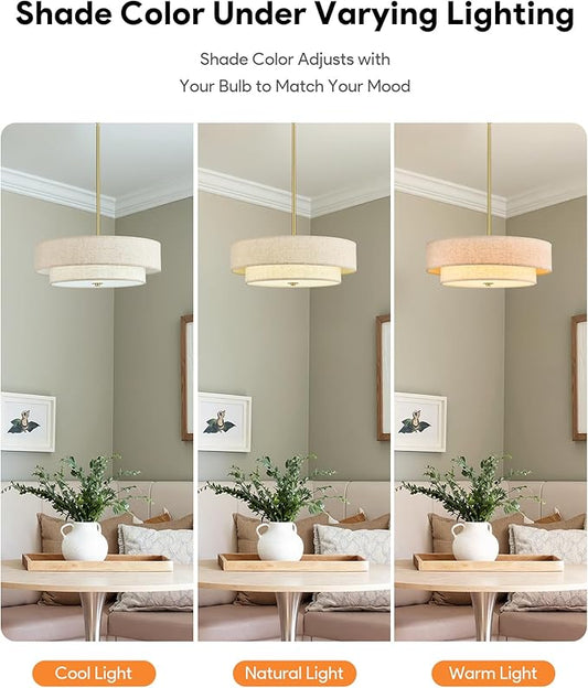 VONLUCE Modern Chandeliers, 18" Drum Chandeliers with 2-Layer Fabric Shade, 4-Light Pendant Light Fixture with E26 Bases, Light Fixture for Dining Room Bedroom Living Room, Linen Shade & Brass Finish