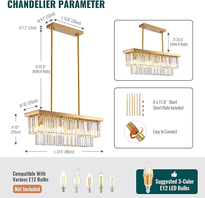Siljoy Rectangular Gold Crystal Chandelier for Dining Room, 8-Light Modern K9 Crystal Raindrop Chandelier, Luxury Crystal Ceiling Light for Living Room Kitchen Island L31.5'' x W10'' x H10''