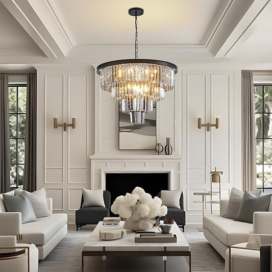 24'' Smoke Gray Crystal Chandelier Black Modern Luxury Light Fixture for Dining Room 4-Tier Round Hanging Pendant Ceiling Lighting for Entryway Foyer Living Room Bed Room Adjustable Height