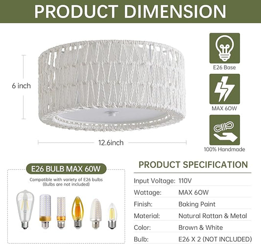 Boho Rattan Ceiling Light Fixtures 2-Light White Flush Mount Ceiling Light, 12.6" Coastal Light Fixture Close to Ceiling Light for Bedroom Nursery Foyer Hallway Entryway Kids Room