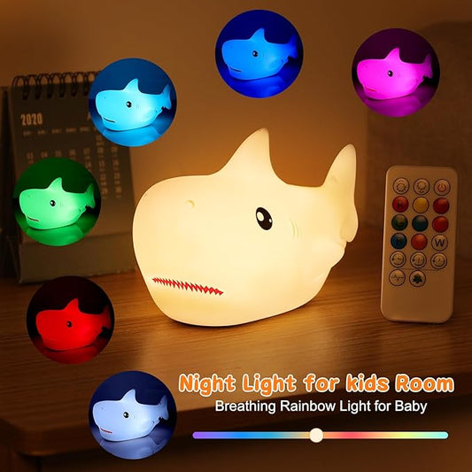 ZKLiLi Remote Shark Night Light, Cute Silicon Night Light for Kids, Nightlight with Remote,Portable Recharge Nightlight for Kid Room,Funny Gifts Stuff for Boys Girls Baby(Remote Control)