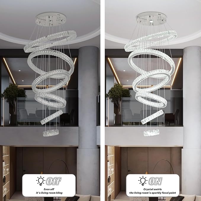 Finktonglan 6-Ring Crystal LED Chandelier, Cool White 6000K Modern Pendant Light, Adjustable Height up to 118", K9 Stainless Rings (Ø7.9–27.6"), Non-Dimmable for Foyer Stair Living Room