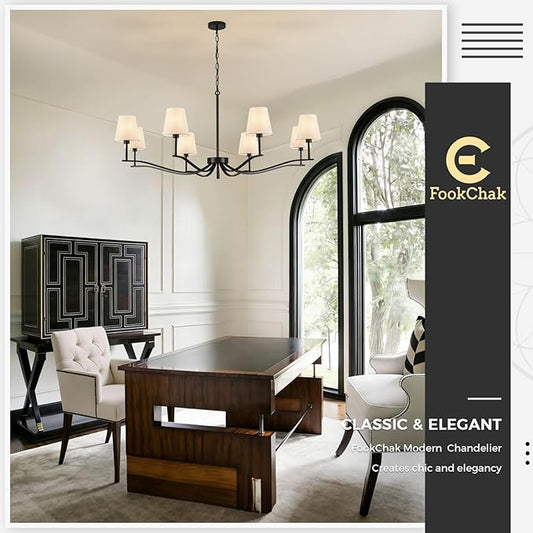 8 Light Black Chandelier with White Linen Shade 44'' Fabric Dining Room Chandeliers Over Table Transitional Living Room Chandeliers for Master Bedroom Entry Hanging Light Fixture Home Office Kitchen