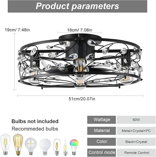 Garwarm 20in Caged Ceiling Fan with Light,Rustic Industrial Ceiling Fans with Lights and Remote,Bladeless Black Fandelier Ceiling Fan,Flush Mount Fan Lights for Kitchen,Bedroom(6 Speed,Timing)