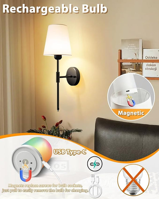 Adetu Battery Operated Wall Sconce Set of 2, Gold Wireless Battery Wall Lights with 10000mAh RGB Dimmable Magnetic Bulbs and Remote Control, Rechargeable Wall Sconce for Bedroom Living Room Hallway