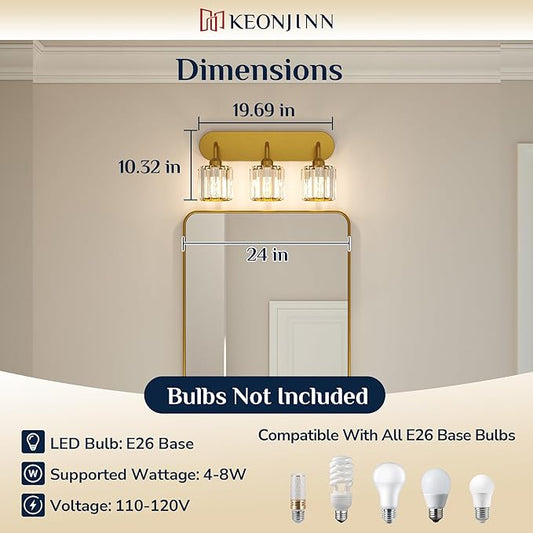 Keonjinn 3-Light Gold Bathroom Light Fixtures, Crystal Bathroom Vanity Lights Over Mirror, Gold Vanity Lighting Fixtures with Crystal Square Shades (E26 Base, Blub Not Included)