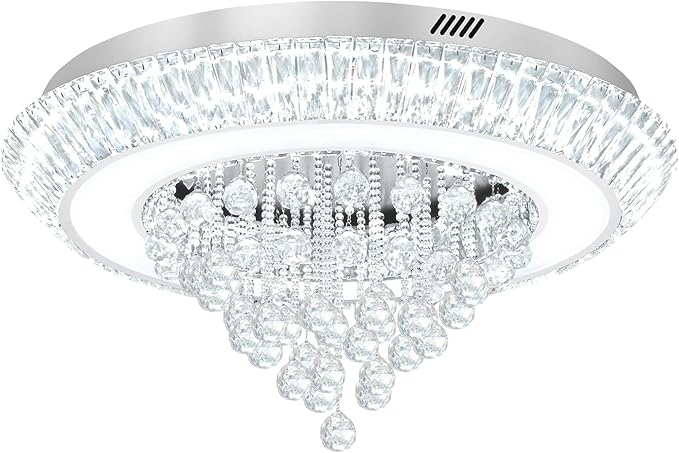 Modern LED Crystal Chandelier, Large Round Raindrop Chandelier for Living Dining Room 32in Chorme Flush Mount Ceiling Light Kitchen Island Bar