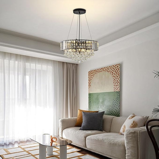 HOPGGIE 17 Inch Crystal Chandeliers Flush Mount Chandelier G9 Base Round Modern Ceiling Light Fixture Pendant Lighting for Living Room Dining Room Laundry Room Kitchen Bedroom (Black)