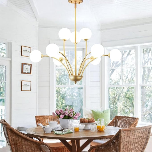 29.7” Modern Gold Chandelier 9-Lights Modern Vintage Golden Chandelier Light Fixture Rustic Farmhouse Glass Chandeliers for Dining Room, Kitchen Island, Bedroom, Living Room, Foyer, G9