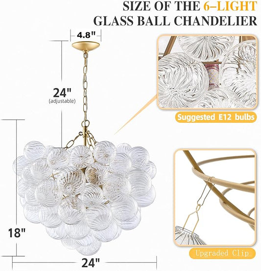 Longree Nordic Bubble Ball Swirled Glass Chandelier, Diam 24 inch Gild Gold and Clear Blown Glass Hanging Pendant Light Fixture for Bedroom Study Restaurant