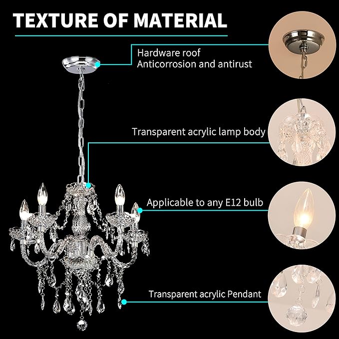 PAPAYA Crystal Chandeliers Clear Chandelier 5-Light Modern Pendant Ceiling Lighting Fixture with Acrylic Crystals & Beads for Girls Room,Living Room,Kitchen Island,Entryway