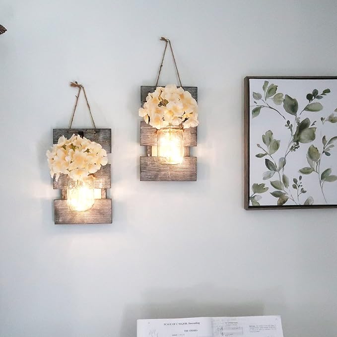 Farmhouse Sconces Wall Decor Set of 2, Dining Room Art Wall Decor, Home Decor,Living Room, Bathroom, Hanging Vintage Wall Sconce 6-Hour Timer, Gray