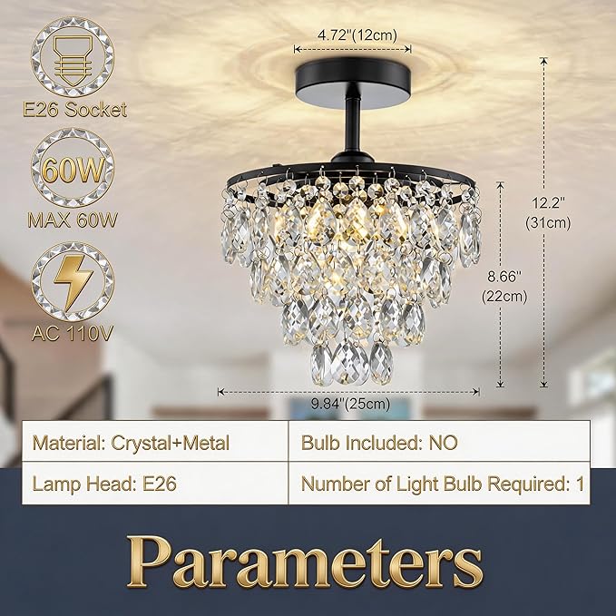 Mini Crystal Chandelier Small Modern Crystal Flush Mount Ceiling Light for Hallway Closet, E26 Base, K9 Crystal (Black-Ceiling)