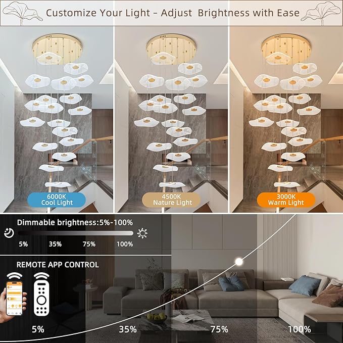 High Ceiling Chandeliers - 24-Light Luxury Gold Spiral Lotus Chandelier Modern Minimalist Dimmable Design for Grand Entrance, Staircase, Villa Dining Room