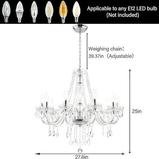 PAPAYA Crystal Chandeliers Clear Chandelier 25 * 27.5in 10-Light Modern Pendant Ceiling Lighting Fixture with Acrylic Crystals & Beads for Girls Room,Living Room,Kitchen Island,Entryway