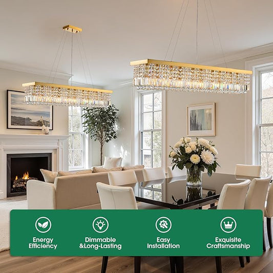Gold Modern Crystal Chandeliers for Dining Room Light Fixture, 10-Light Rectangle Chandelier for Kitchen Island Living Room, L47.2 Inch