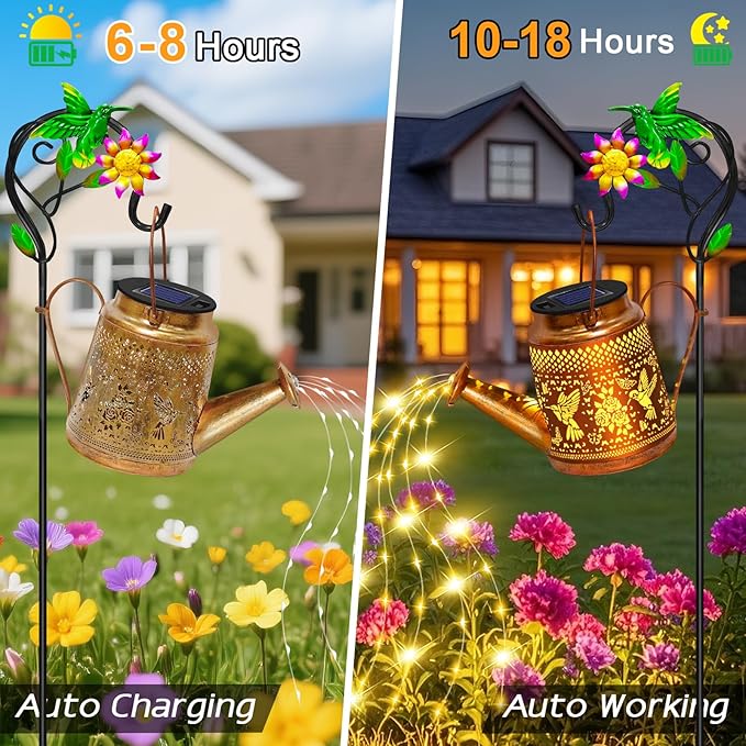 Mothers Day Gifts Solar Lights Outdoor Waterproof Garden Decor,Solar Watering Can Lights Hummingbird lanterns,Birthday Gift for Mom Women,Decorative Hanging Fairy String Light for Yard Art Patio Porch