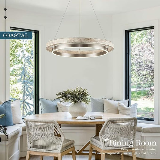LED Ring Chandelier Weathered Wood Nickel Chandelier Dimmable Round Foyer Chandeliers Light Farmhouse Circular Chandeliers for Dining Room Entry Bedroom Office Living Room, 24in