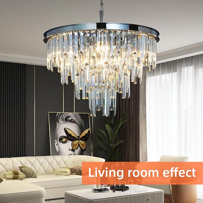 24'' Chrome Top K9 Crystal Chandelier Modern Lighting Fixture, 9 Lights Round K9 Crystal Adjustable Hanging Lamp for Dining Room Bedroom Living Room,Hallway,Bar,Kitchen