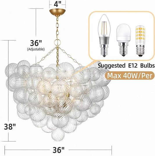 Mid Century Bubble Ball Chandeliers Dia 36 Inch Decorative Lights Swirled Ribbed Glass Clear Blown Glass Globe Chandelier Large Pendant Light Fixture for Bedroom Dining Room Over Table