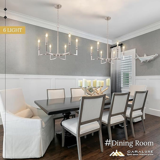 Brushed Nickel Chandelier Light Fixture 6-Light Candle Dining Room Chandelier Lighting Over Table Metal Chandeliers for Bedroom Kitchen Island Foyer Entryway, 26in
