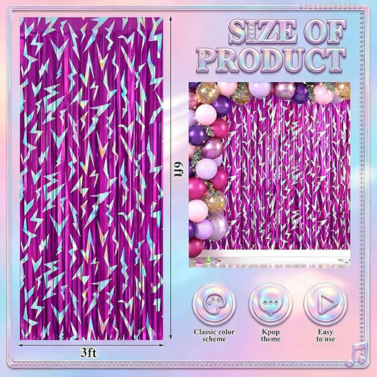 Tudomro 3 Pack Kpop Birthday Party Decoration Pink Purple Lightning Streamers Backdrop Blue with Purple Lightning Print Foil Fringe Tinsel Curtains for Photo Prop Themed Party Supplies