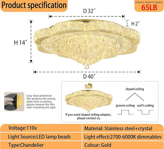 Modern Crystal Chandelier for Living Room 40in Gold Crystal Raindrop Ceiling Light for Room Bedroom LED Dimmable 3000-6000K