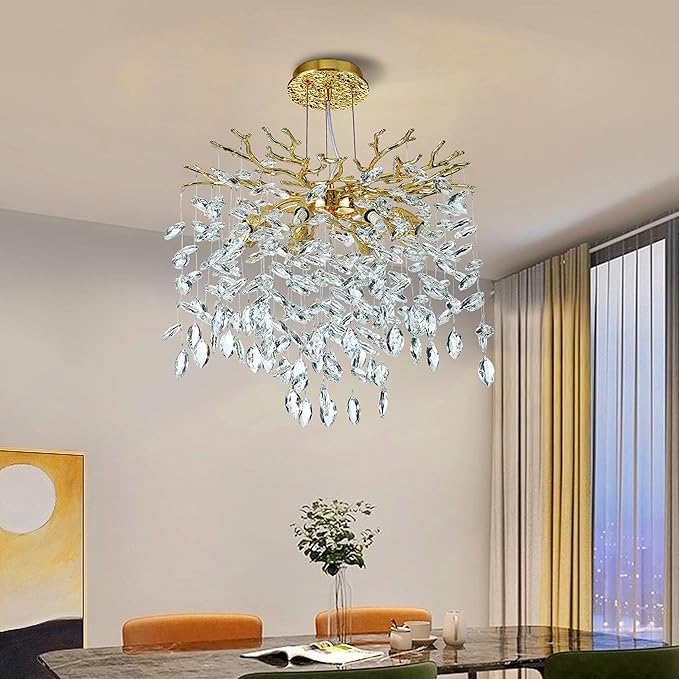 Modern Crystal Tree Branches Chandelier, 18in Gold 6 Lights Large Ceiling Hanging Light for Dining Room, Round Raindrop Pendant Light Fixture