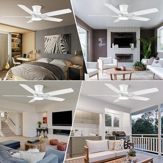YUHAO 52 Inch Flush Mount White Ceiling Fan with Light and Remote Control.Noiseless,Dimmable,3CCT,6 Speeds Reversible, Low Profile DC Ceiling Fans for Indoor or Covered Outdoor Use,ETL Listed