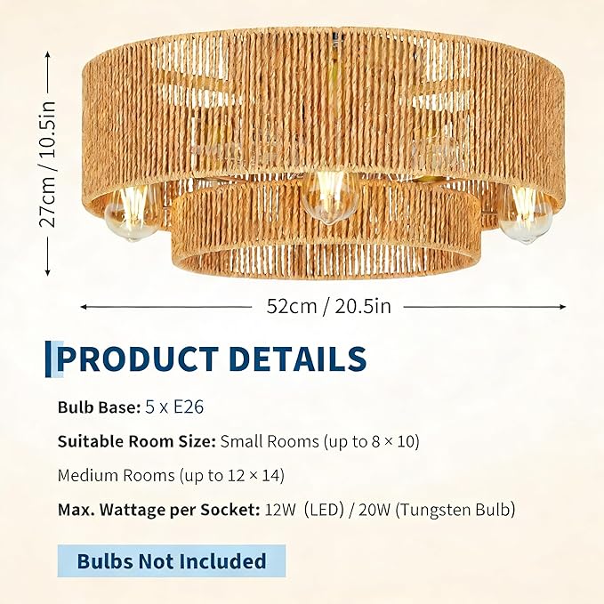 GarveeHome 【Flicker-Free • Hand-Woven Rattan】 20'' Boho Rattan Ceiling Fan with Light and Remote - Flush Mount Caged Ceiling Fan with 6 Speeds for Bedroom, Living Room