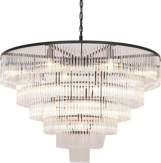 Modern Multi-Tier Crystal Chandelier 6-Tier Round Black Finish Ceiling Light -Cylindrical Glass Rods -Dining Room Living Room Bedroom Entryway -Luxury Lighting Fixture 35.5''
