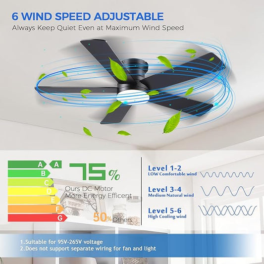 Ayaoty Ceiling Fans with Lights - 48" Black Flush Mount Ceiling Fan Light with 6 Speeds 3CCT Dimmable, Revesible Motor, Low Profile Fan Light for Modern Indoor Bedroom, Kitchen