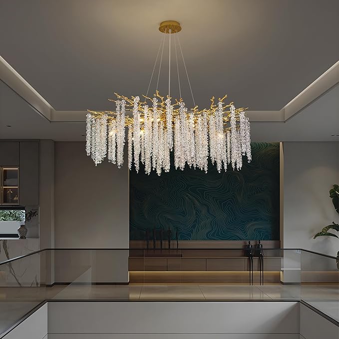 Tree Branches Chandeliers Luxury Round Raindrop Crystal Pendant Light 15 Lights Tassel Ceiling Hanging Light for Dining Room Bedroom Living Room Entryway 39.5" Gold