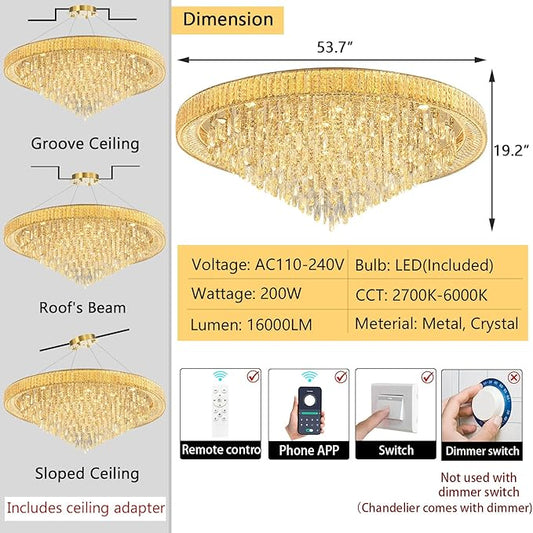 53.7" Modern Crystal Big Large Chandeliers LED Dimmable Flush Mount Ceiling Chandeliers for Living Room High Ceiling Entrance Foyer Lobby Bedroom Gold