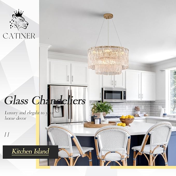 CATINER Modern Gold Chandeliers,20” Crystal Glass Pendant Ceiling Light Fixtures 7-Light Round Chandelier Luxury 2 Tiers Hanging Chandelier for Dining Room Foyer Living Room Bedroom