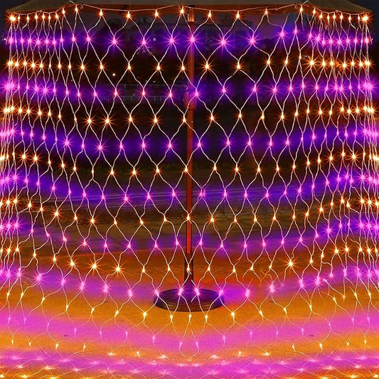WATERGLIDE Outdoor Halloween Net Lights, 12FT x 5FT 360 LED Fairy String Light with 8 Lighting Modes, Connectable Light Safe Adaptor for Garden Tree Bushes Holiday Party Decorations, Orange & Purple