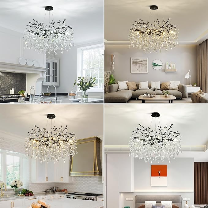 Modern Crystal Tree Branch Chandelier, Black Round Art Deco Pendant Light Raindrop Lighting Fixture for Dining Room Bedroom Foyer 8 Lights D23.7''