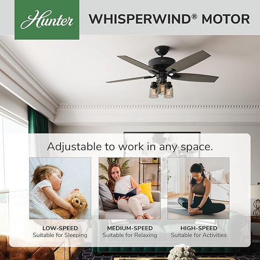 Hunter 52 inch Indoor Ceiling Fan with LED Lights and Remote Control - Black Ceiling Fan, Standard Mount, 5 Blades, For Bedroom, Living Room, or Kitchen, Quiet - Bennett 54189, Matte Black