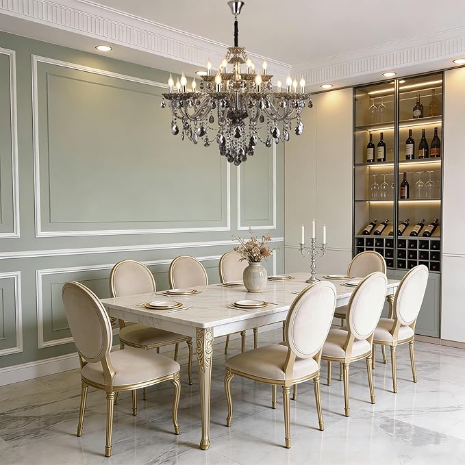 18-Light Smoky Gray Crystal Chandelier for Living Room, Antique Teardrop Candle Chandelier Pendant Ceiling Lighting Fixture for Dinning Room Staircase Lobby Foyer (Smoke Gray 18 Lights)