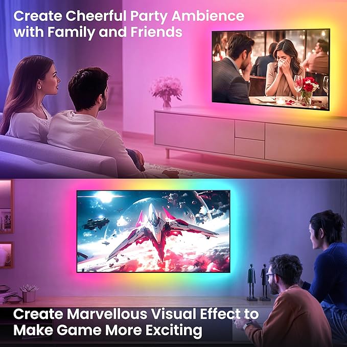26.25ft LED Lights for 75-100 Inch TV, RGB+IC TV Lights Backlight Strip Behind, with 44 Scene Modes, Bluetooth APP and Voice Control, Music Sync Smart Ambient Lighting for Gaming, Bedroom, Living Room