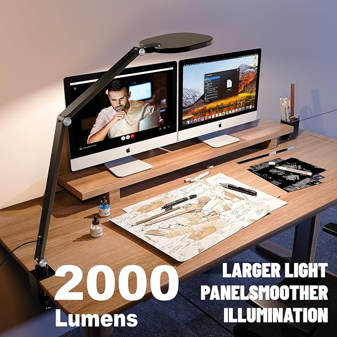 LitONES Desk Lamp with Clamp for Home Office, Advanced Eye-Caring Zoom Lighting for Video Calls with 2000LM, 15W, CRI >97.8, 3 Colors & 10 Brightness, Remoted Desk Light with Memory & Timer