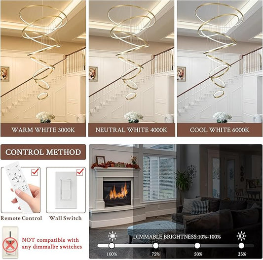 Modern LED Chandelier 8 Rings Dimmable Gold High Ceiling Chandelier Foyer, Large LED Contemporary Pendant Lighting for Staircase Entryway Living Room, D35’’ 3000K-6500K